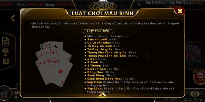 Quy tắc trong game bài Mậu binh GO88